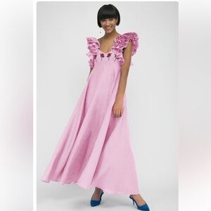 FANM MON Aster Pink Demre Linen Embroidered Maxi Dress Ruffle Sleeve NWT $357
